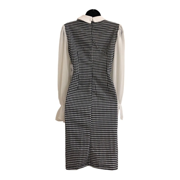 Black white houndstooth sheer long sleeve Pearl necklace Peter Pan collar sheath - Picture 9 of 15